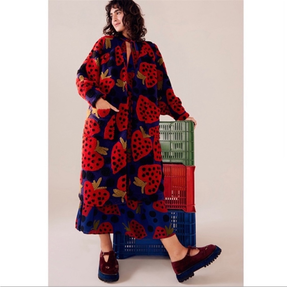 Farm Rio Heartberry Maxi Fleece Cardigan Jacket Medium Rare